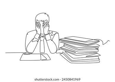 One continuous line drawing of busy people in stress and fatigue at work. Doodle vector illustration in simple linear style