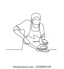Um desenho de linha contínua de um açougueiro na ilustração vetor de mercado tradicional. Temas de carne ilustração de design em estilo linear simples. Atividade de açougueiro para cortar carne e servir aos compradores de carne. 