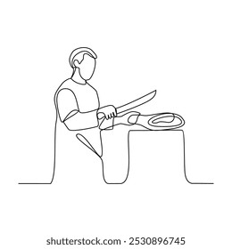 Um desenho de linha contínua de um açougueiro na ilustração vetor de mercado tradicional. Temas de carne ilustração de design em estilo linear simples. Atividade de açougueiro para cortar carne e servir aos compradores de carne. 