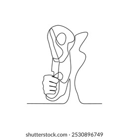 Um desenho de linha contínua de um açougueiro na ilustração vetor de mercado tradicional. Temas de carne ilustração de design em estilo linear simples. Atividade de açougueiro para cortar carne e servir aos compradores de carne. 