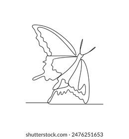 One continuous line drawing of 
Butterflies are flying and will land on flowers vector illustration. Animal themes design concept in simple linear style. Beautiful animal with variance body colors.