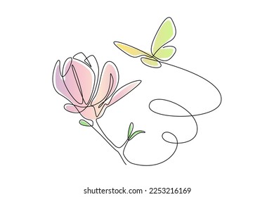 One continuous line drawing of butterfly with flower. Thin curl border and flying wing symbol in simple linear style. Editable stroke. Modern Doodle vector illustration