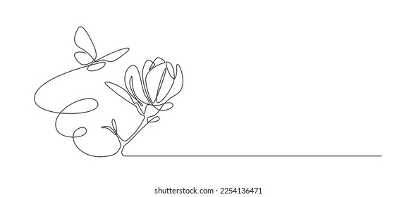 One continuous line drawing of butterfly with flower. Thin curl border and flying wing symbol in simple linear style. Editable stroke. Contour Doodle vector illustration