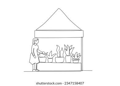 Un plano de línea continua de un comprador que observa plantas en venta
