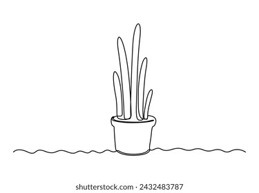 One continuous line drawing of cactus in pot. White background vector illustration. Free vector