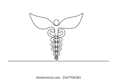One Continuous line drawing of Caduceus as a symbol of medicine. Continuous single line art drawing of caduceus as a symbol of medicine outline vector.