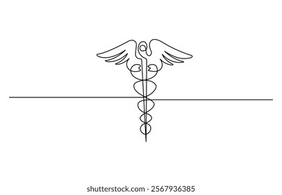 One Continuous line drawing of Caduceus as a symbol of medicine. Continuous single line art drawing of caduceus as a symbol of medicine outline vector.