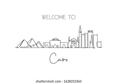 One continuous line drawing of Cairo city skyline, Egypt. Beautiful landmark. World landscape tourism and travel vacation. Editable stylish stroke single line draw design vector graphic illustration