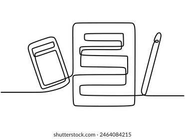 one continuous line drawing of calculator, book note and pen vector illustration isolated on white background