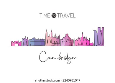 One continuous line drawing of Cambridge city skyline, England. Beautiful landmark. World landscape tourism travel home wall decor poster print. Stylish single line draw design vector illustration