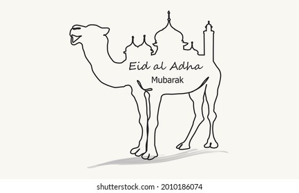 Un dibujo continuo de Camel. Tarjeta de saludo de Eid Al adha mubarak. Ilustración vectorial para la celebración de eid mubarak con diseño de arte de línea.
