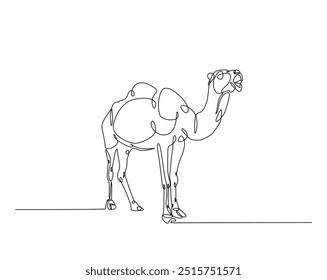 Una línea continua dibujando Camel caminando en la ilustración del desierto. Diseño dibujado a mano de camello.