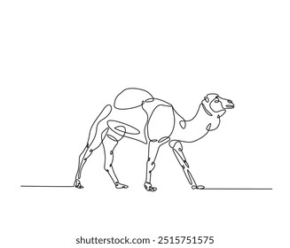 Una línea continua dibujando Camel caminando en la ilustración del desierto. Diseño dibujado a mano de camello.