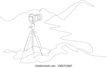 One continuous line drawing of camera on a tripod shooting mountains. Vector illustration.