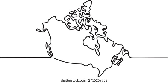 Un dibujo de línea continua de Canadá mapea la geografía de los países de América del Norte. Dibujo de Vector de una sola línea del contorno del territorio canadiense. Obra de arte de diseño de contorno de la frontera de Canadá. Línea negra continua sobre fondo transparente.