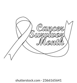 One continuous line drawing of cancer survivor month with white background. Awareness ribbon design in simple linear style. healthcare and medical design concept vector illustration.