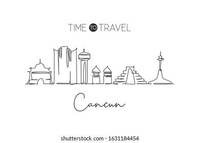 One continuous line drawing Cancun city skyline, Mexico. Beautiful landmark postcard. World landscape tourism and travel vacation. Editable stylish stroke single line draw design vector illustration