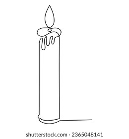 One continuous line drawing of candle lighted and Burning fire and melting candle Light in the dark black outline Vector illustration design