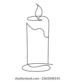 One continuous line drawing of candle lighted and Burning fire and melting candle Light in the dark black outline Vector illustration design