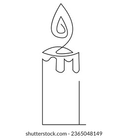 One continuous line drawing of candle lighted and Burning fire and melting candle Light in the dark black outline Vector illustration design