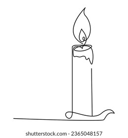 One continuous line drawing of candle lighted and Burning fire and melting candle Light in the dark black outline Vector illustration design