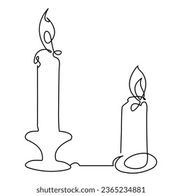 One continuous line drawing of candle lighted and Burning fire and melting candle Light in the dark black outline Vector illustration design