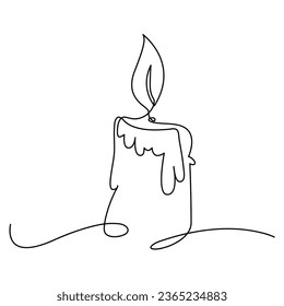 One continuous line drawing of candle lighted and Burning fire and melting candle Light in the dark black outline Vector illustration design
