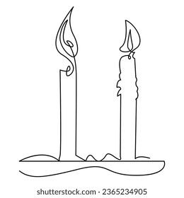 One continuous line drawing of candle lighted and Burning fire and melting candle Light in the dark black outline Vector illustration design