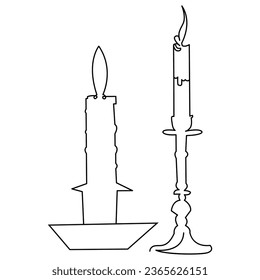 One continuous line drawing of candle lighted and Burning fire and melting candle Light in the dark black outline Vector illustration design