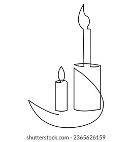 One continuous line drawing of candle lighted and Burning fire and melting candle Light in the dark black outline Vector illustration design