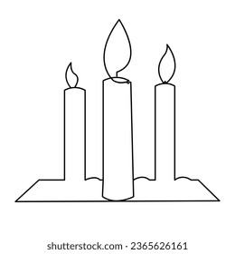 One continuous line drawing of candle lighted and Burning fire and melting candle Light in the dark black outline Vector illustration design