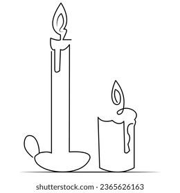 One continuous line drawing of candle lighted and Burning fire and melting candle Light in the dark black outline Vector illustration design