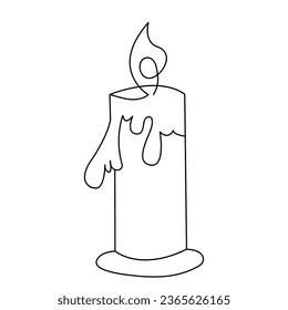 One continuous line drawing of candle lighted and Burning fire and melting candle Light in the dark black outline Vector illustration design