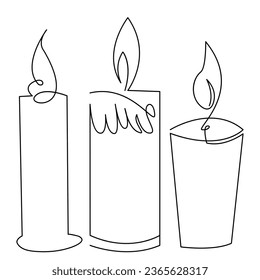 One continuous line drawing of candle lighted and Burning fire and melting candle Light in the dark black outline Vector illustration design