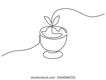 one continuous line drawing of candle cake with mint leaf isolated on white background. Sweet food concept vector illustration.