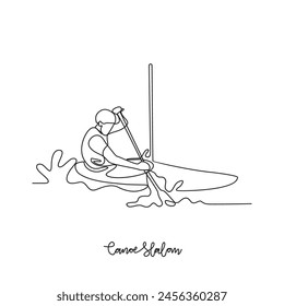 One continuous line drawing of 
Canoe Slalom sports vector illustration. Canoe Slalom sports design in simple linear continuous style vector concept. Sports themes design for your asset design.