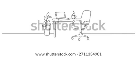 One continuous line drawing captures a modern office interior with desk, chair, and workspace details in minimalist sketch art style for creative home design projects. Doodle vector illustration