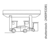 One continuous line drawing of A car is refueling at a fuel station vector illustration. Fuel Station illustration simple linear style vector concept. Fuel station design suitable for design asset.