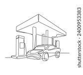One continuous line drawing of A car is refueling at a fuel station vector illustration. Fuel Station illustration simple linear style vector concept. Fuel station design suitable for design asset.
