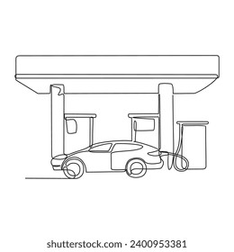 One continuous line drawing of A car is refueling at a fuel station vector illustration. Fuel Station illustration simple linear style vector concept. Fuel station design suitable for design asset.