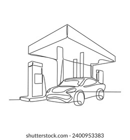 One continuous line drawing of A car is refueling at a fuel station vector illustration. Fuel Station illustration simple linear style vector concept. Fuel station design suitable for design asset.