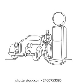 One continuous line drawing of A car is refueling at a fuel station vector illustration. Fuel Station illustration simple linear style vector concept. Fuel station design suitable for design asset.