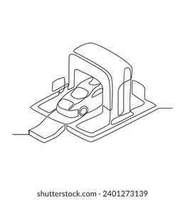 One continuous line drawing of a car being washed in a modern carwash with sophisticated technology vector illustration. carwash design illustration simple linear style vector concept. carwash vector