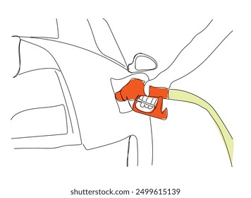 One continuous line drawing of A car is refueling at a fuel station vector illustration.  Fuel Station illustration simple linear style vector concept. 