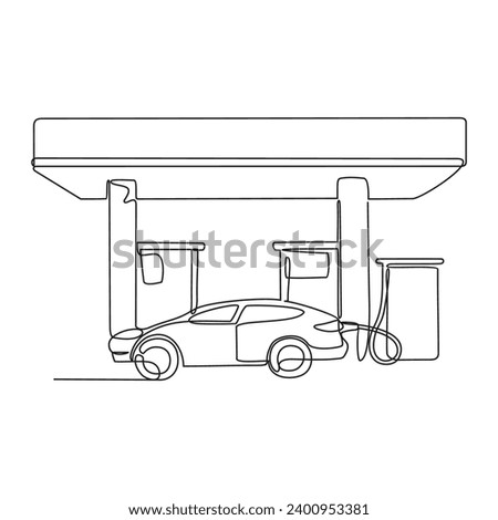 One continuous line drawing of A car is refueling at a fuel station vector illustration. Fuel Station illustration simple linear style vector concept. Fuel station design suitable for design asset.