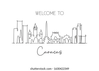 One continuous line drawing of Caracas city skyline, Venezuela. Beautiful landmark. World landscape tourism and travel vacation. Editable stylish stroke single line draw design art vector illustration