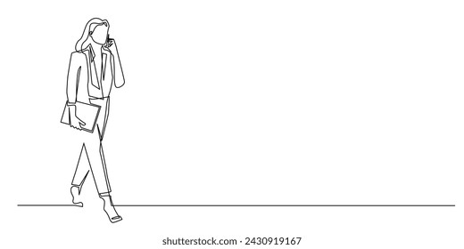 one continuous line drawing of career woman walking carrying laptop and making phone call. one line drawing of business woman being busy.single line vector illustration. isolated white background