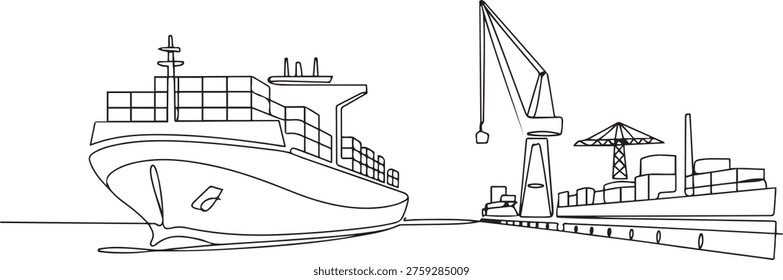 One continuous line drawing of a cargo ship is preparing to unload its cargo at the port vector illustration. Sea transportation design concept. one line Icon drawing
