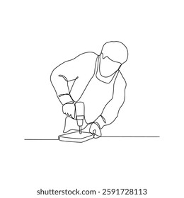 One continuous line drawing of a Carpenter is on duty vector design illustration. Carpenter design illustration simple linear style vector concept. Carpenter illustration for your asset design.