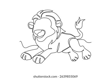 One continuous line drawing of cartoon of lion the king. Wild animal deer with antlers is dynamic silhouette in simple linear style. Animals minimalist concept. Cartoon minimalist concept.